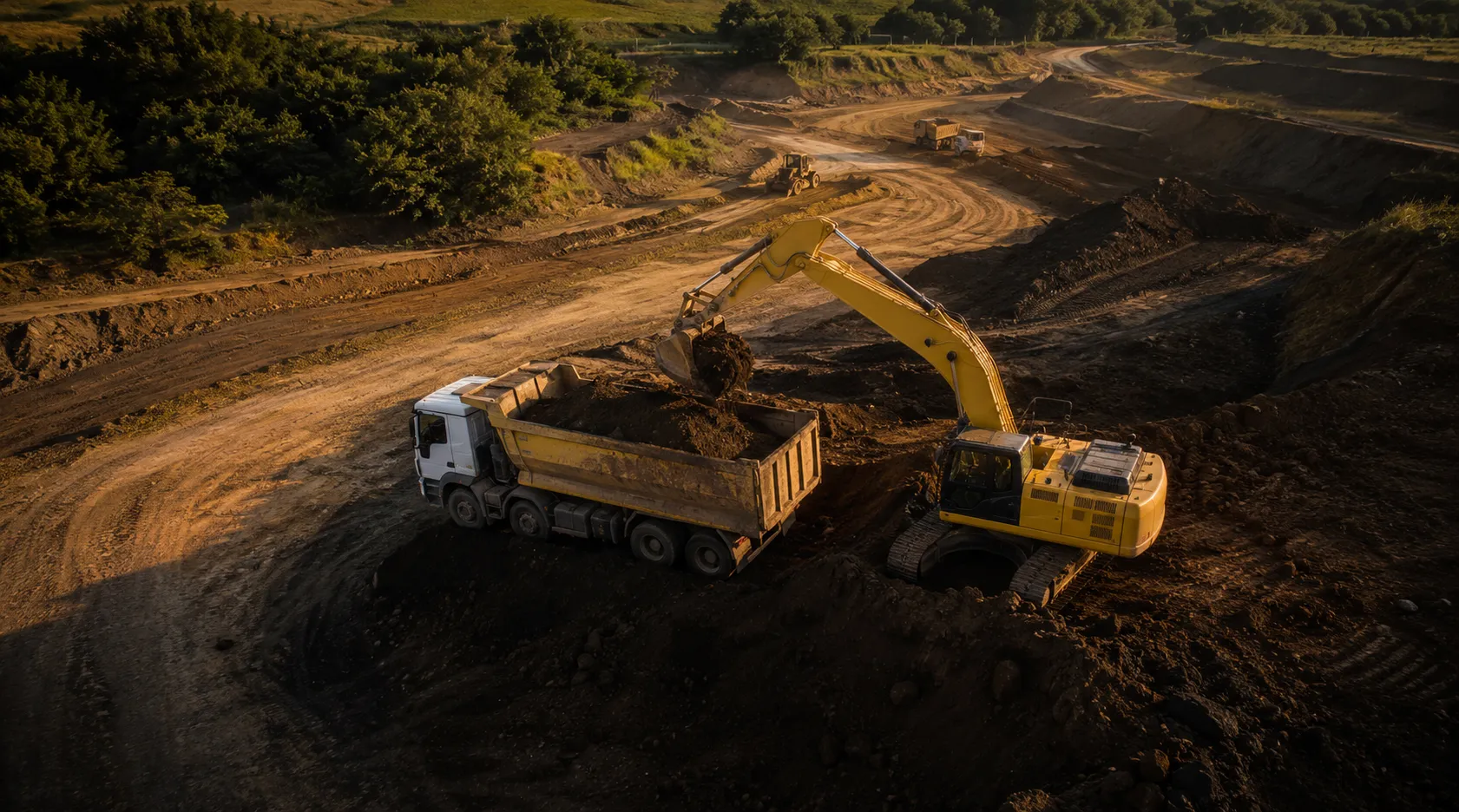 Escavadeira carregando caminhão em uma operação organizada de terraplenagem